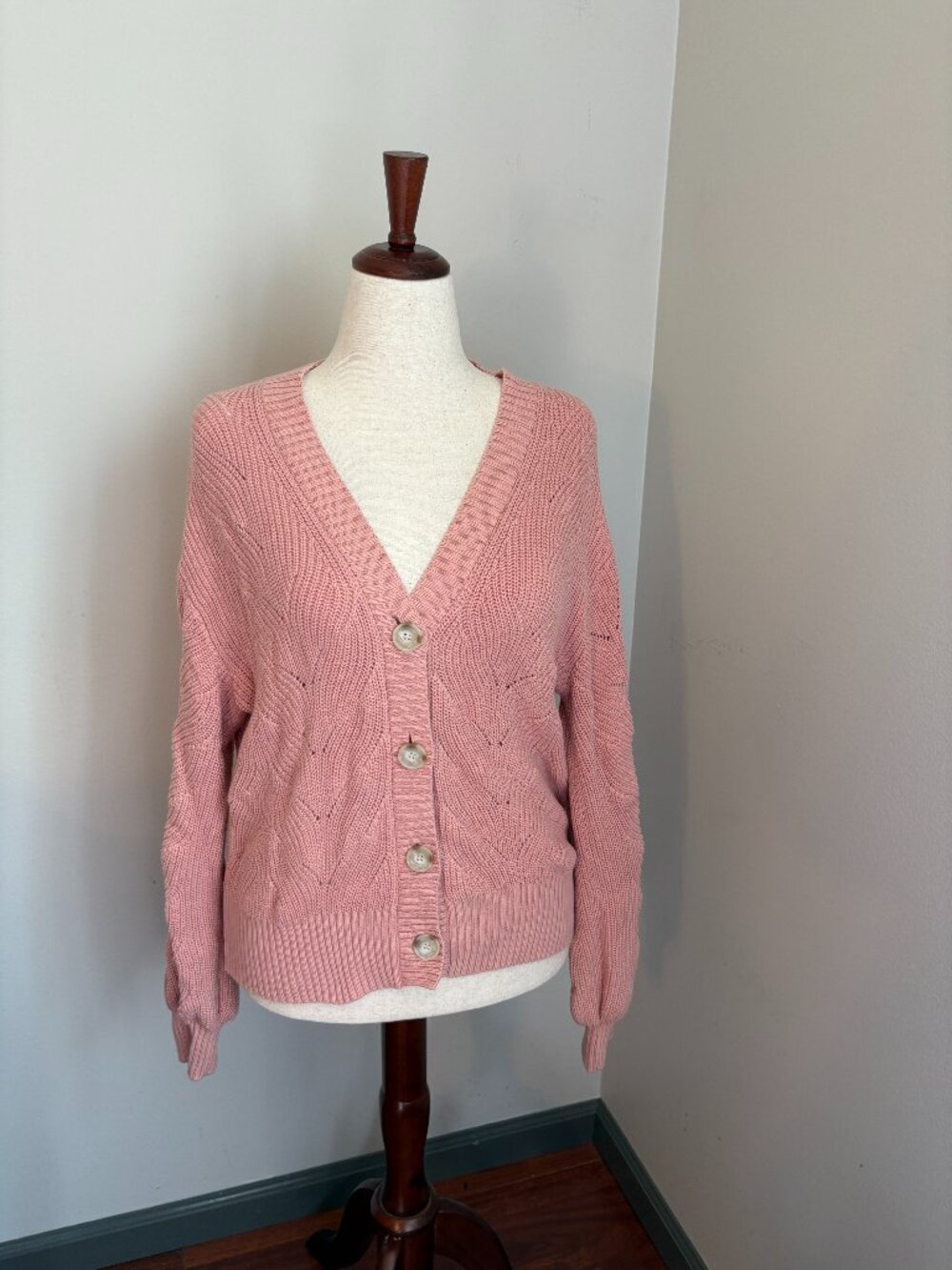 LOFT Blush Pink Textured Knit Button Front Cardigan Sweater Women’s Large